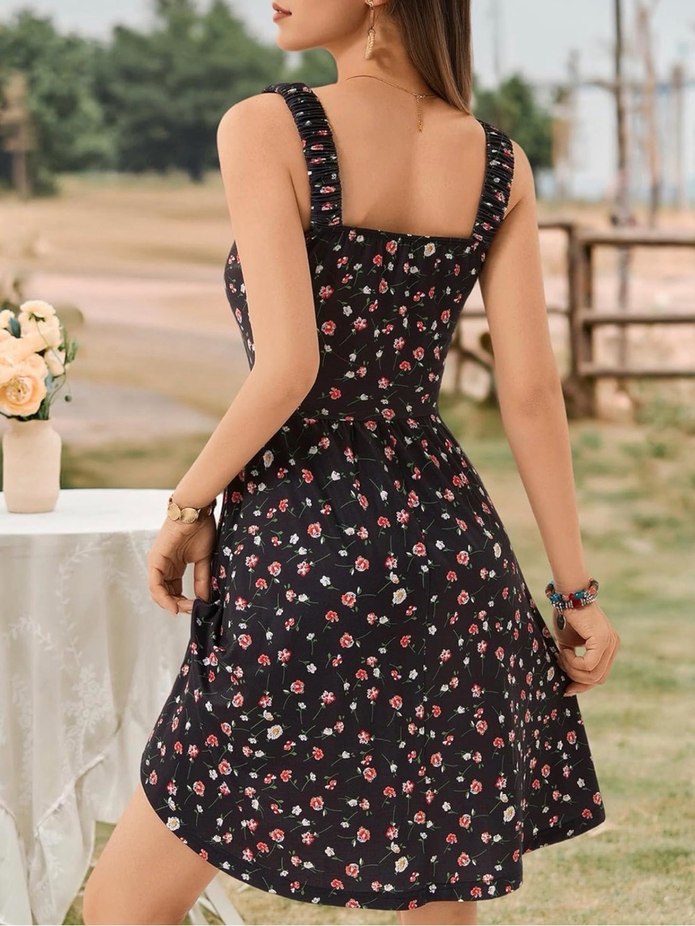 Women's Black Floral Square Neck Mini Dress
